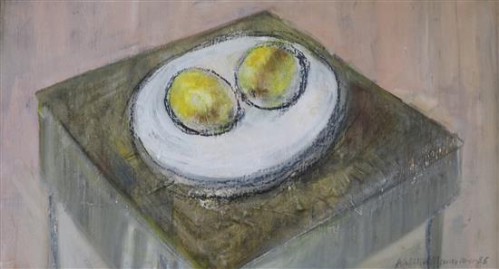 Kathleen Mann, oil on board, still life, signed and dated 86, 23 x 43cm